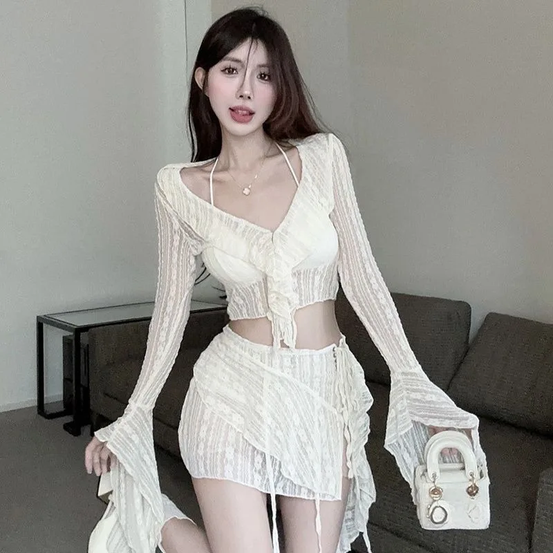 French Lace Splice Top Irregular Skirt Two-piece Set Women Lace Up Flare Sleeves Spicy Girl Beach Vacatio Slim Summer Chic Suit