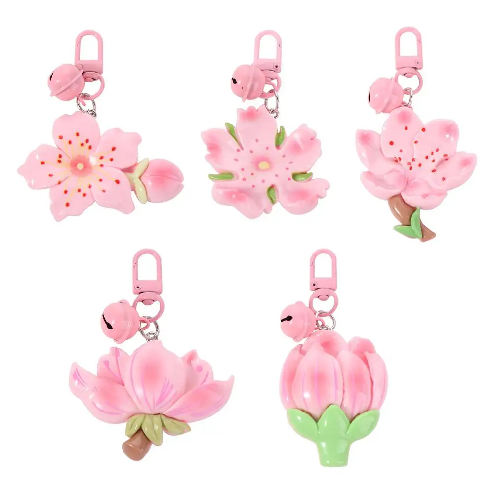 Fashion Resin Peach Flower Keychain Tulip with Bell Peach Blossom Pendant Lotus Bag Hanging Car Key Ring Backpack Decoration