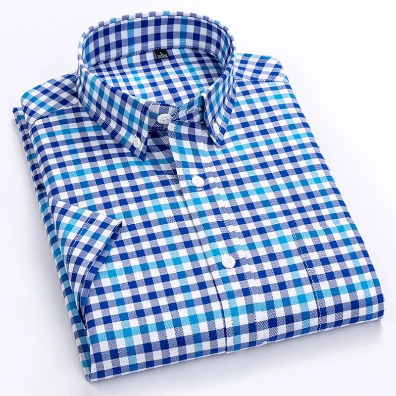 Camisas de manga corta de algodón 100% suave, camisa a rayas a cuadros con un solo bolsillo de parche, ajuste estándar informal, estilo inglés,