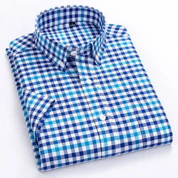 England Style Soft 100% Cotton Short Sleeve Shirts Single Patch Pocket Summer Casual Standard-fit Button-down Plaid Stripe Shirt