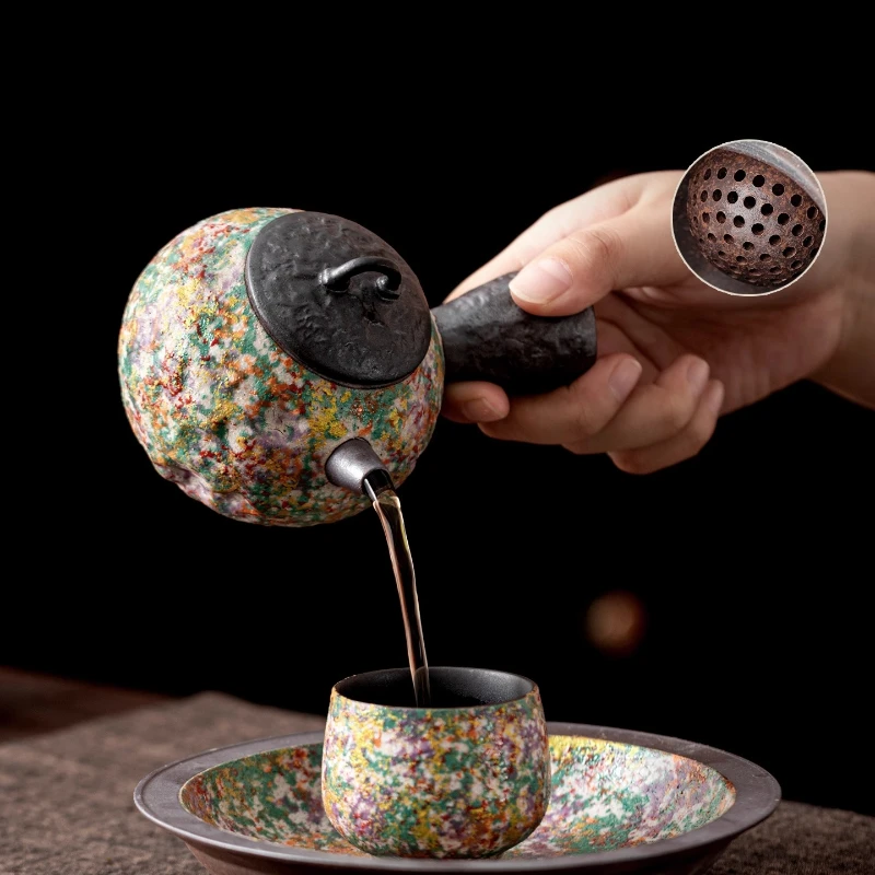 Elegant Chinese Rock Mine Ceramic Side Handle Teapot Single Pot for One Person New Kung Fu Tea Set Home Office Gift