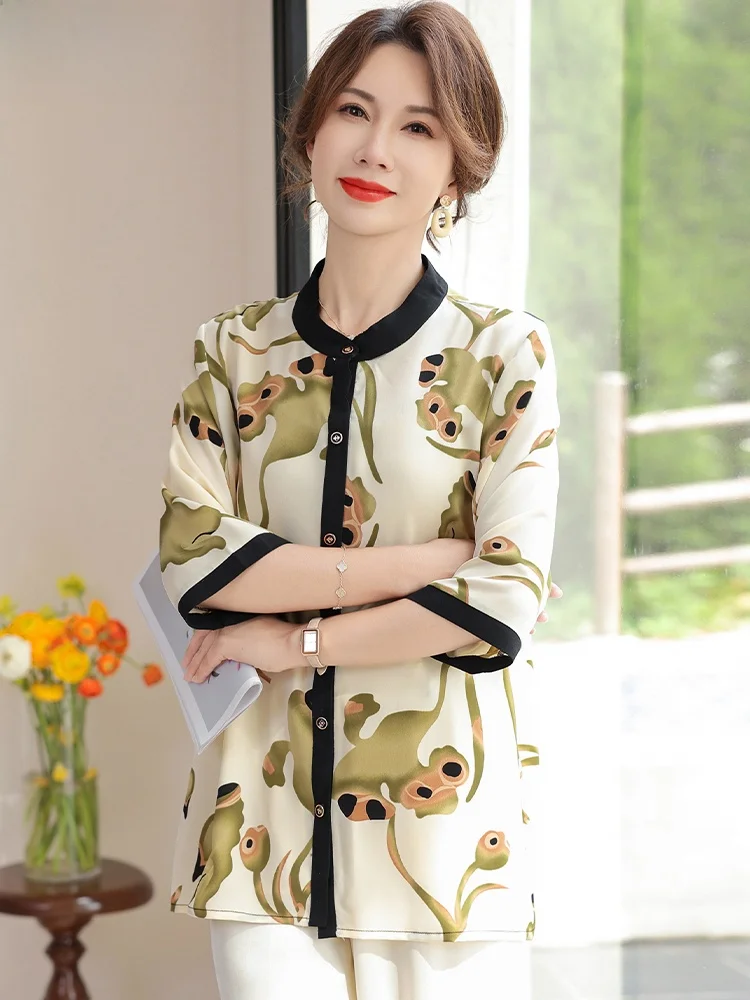 

Mom's Summer Faion Chiffon Top Set Mid-Length Thin Women's Sunscreen Outerwear Coat Loose Fit round Ne Single Button Sle