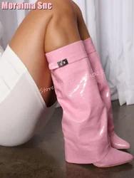 Folded Pointed Toe Hardware Knee High Boots Side Zipper Block Heel Pink Solid Sexy Women Long Boots Fashion Winter 2024 Newest