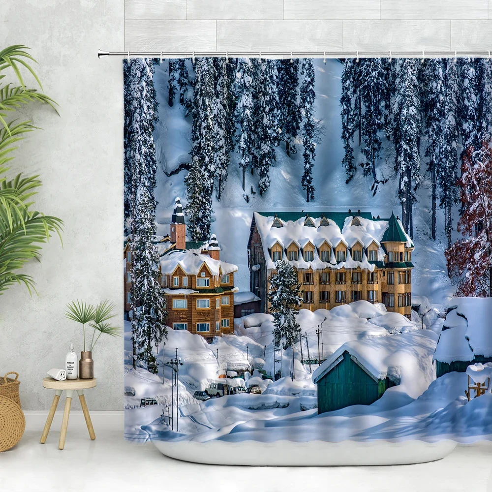 Winter Shower Curtain Forest Wooden House  White Snow Mountain Scenery Wall Cloth Decorate Bathroom Bathtub Hanging Curtains Set