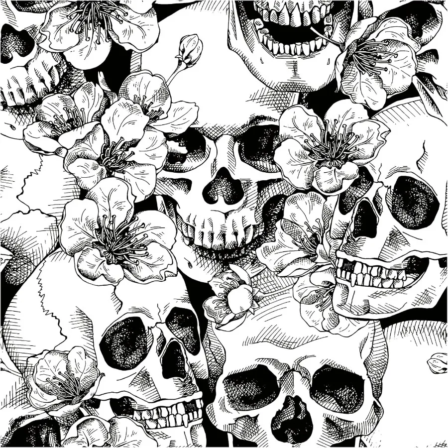 45cm Width Halloween Peel and Stick Wallpaper Sugar Skull Floral for Bedroom Black/White Removable Accent Wall Decorations
