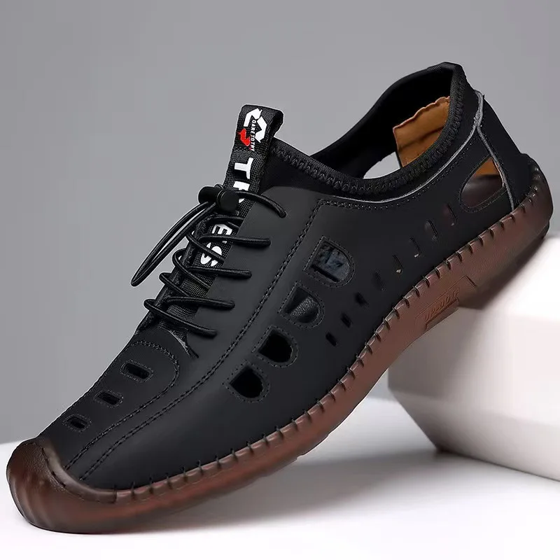 Herren-Sandalen aus weichem Leder, 2024, Sommer-Männer-Ledersandalen, atmungsaktiv, rutschfest, Kuh-Sehensohle, lässige Lederschuhe, Outdoor-Strandschuhe