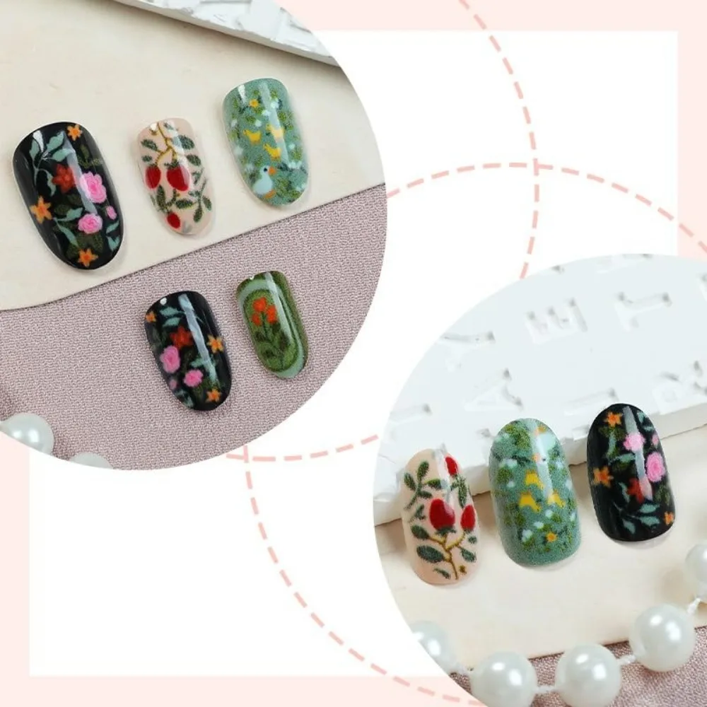 Short Almond-Shaped Black Acrylic False Nails with Forest Strawberry Designs, 24PCS