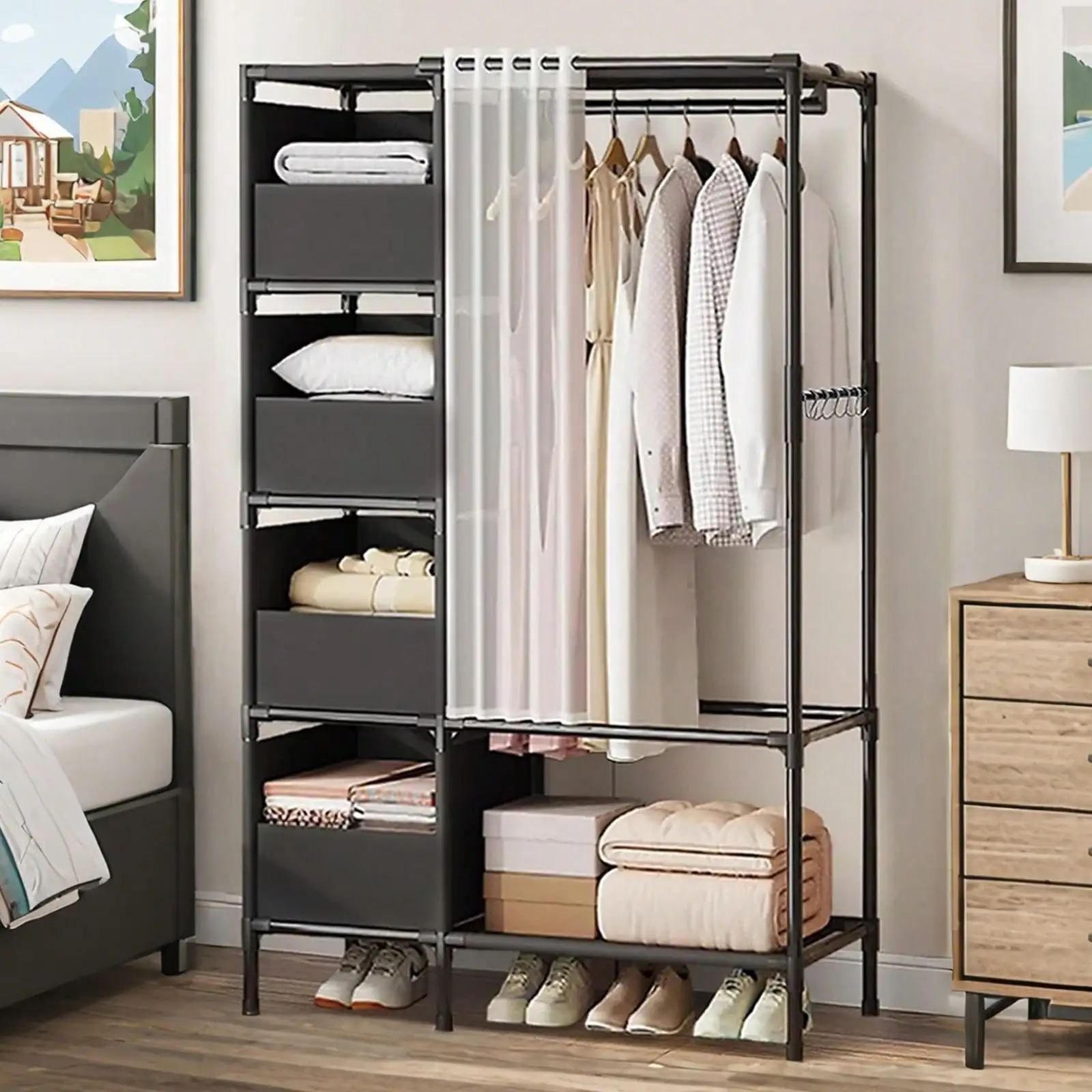 

Clothes Rack For Hanging Clothes, Heavy Duty Closet Rack With 4 Tiers Wire Shelving & Hanging Rods, Free Standing Closet Wardrob