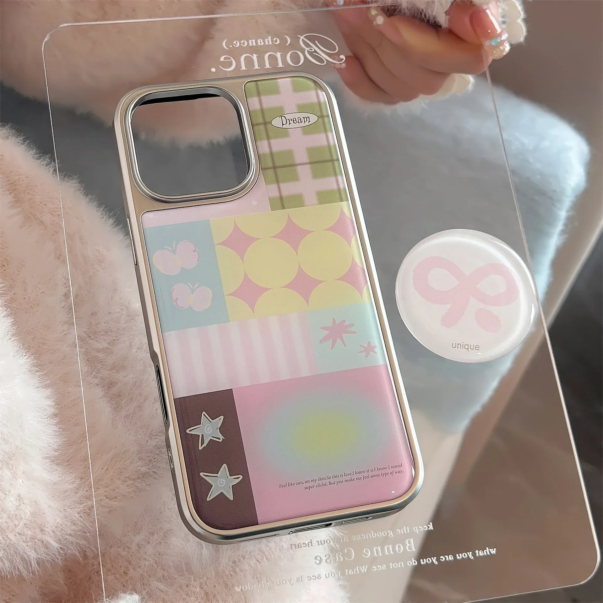 Ins Spleißen Plaid Telefon Fall Bowknot Halterung Für iPhone 16 15 14 13 12 Pro Max Tropfen Kleber Überzug Silber Rand stoßfest Abdeckung
