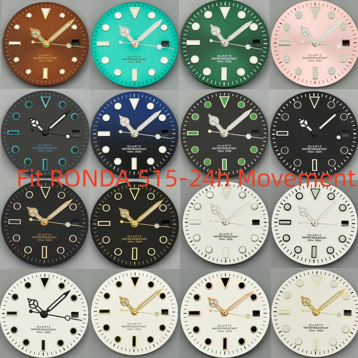 Custom Sterile Face Quartz 29mm Black Green Pink Luminous Sunberst/Matte Watch Dial Fit RONDA 515 Movement Watch Modified Part