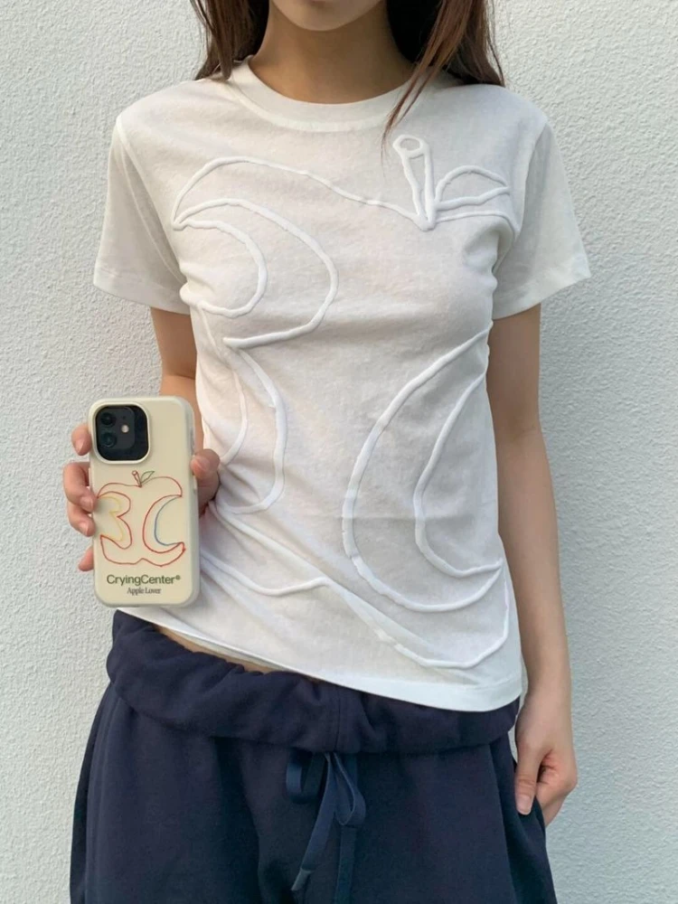 HOUZHOU Harajuku White T-Shirts Women Vintage Casual Y2k See-through Short Sleeve Tops Summer Basic Retro Fashion Solid T-Shirts