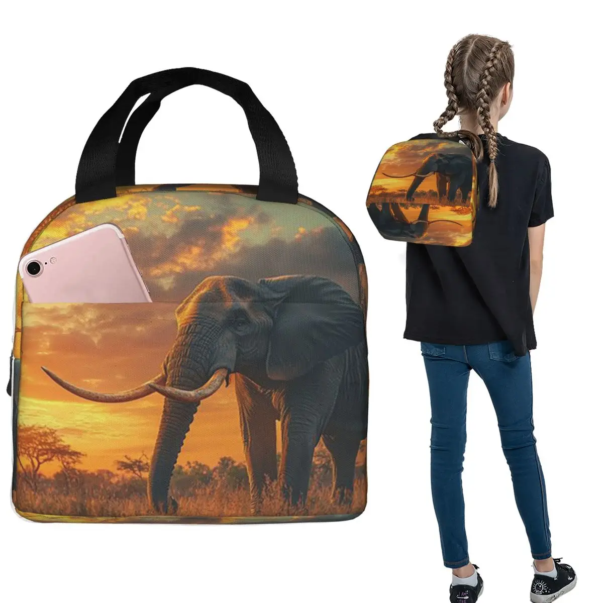 Elephant In The Field Insulated Lunch Bag for Women Children Leakproof Food Boxes Thermal Lunch Box Tote