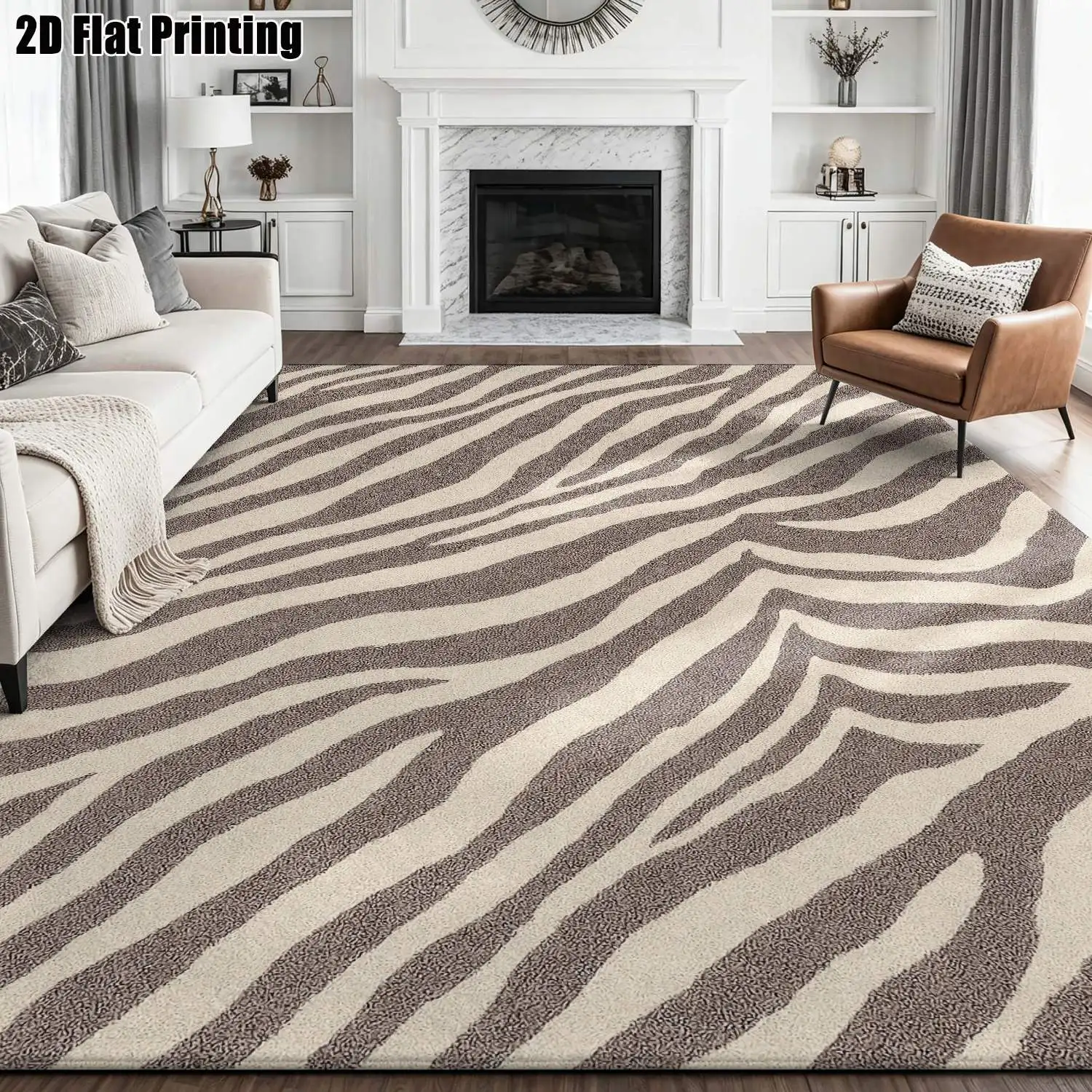 1Pc 2D Printed Gray-White Striped Zebra Nordic/Instagram Minimalist Geometric Carpet, Machine Washable, Multi-Size, Ideal for Home Decor, Entryway/Dining Room/Foyer/Bedroom/Living Room