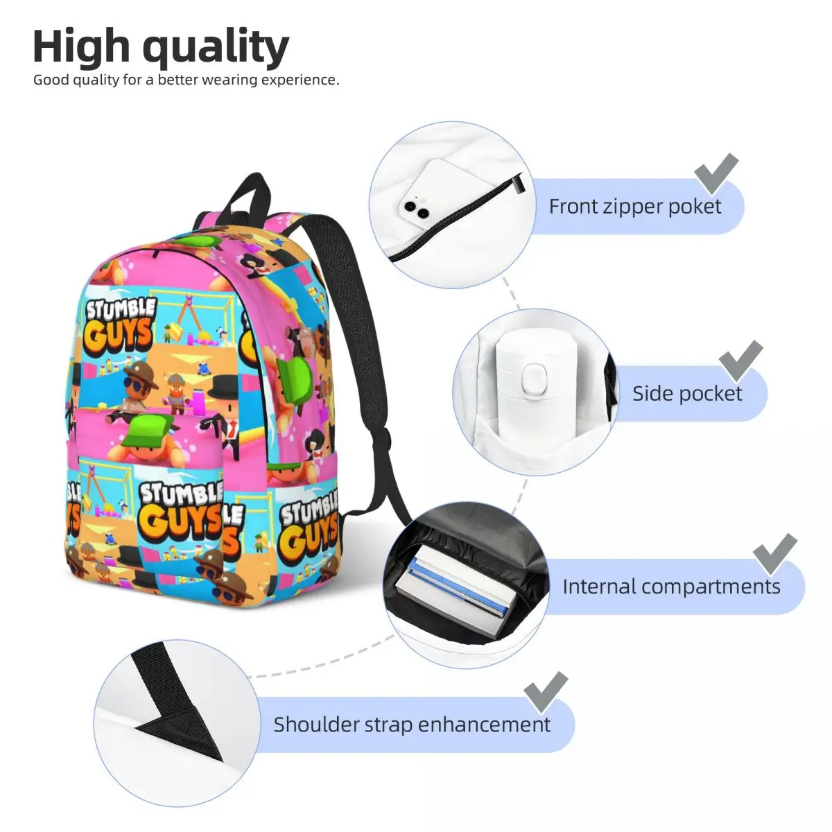 Happy Stumble Guys Backpack for Boy Girl Teenage Student School Bookbag Canvas Daypack Primary Bag Travel