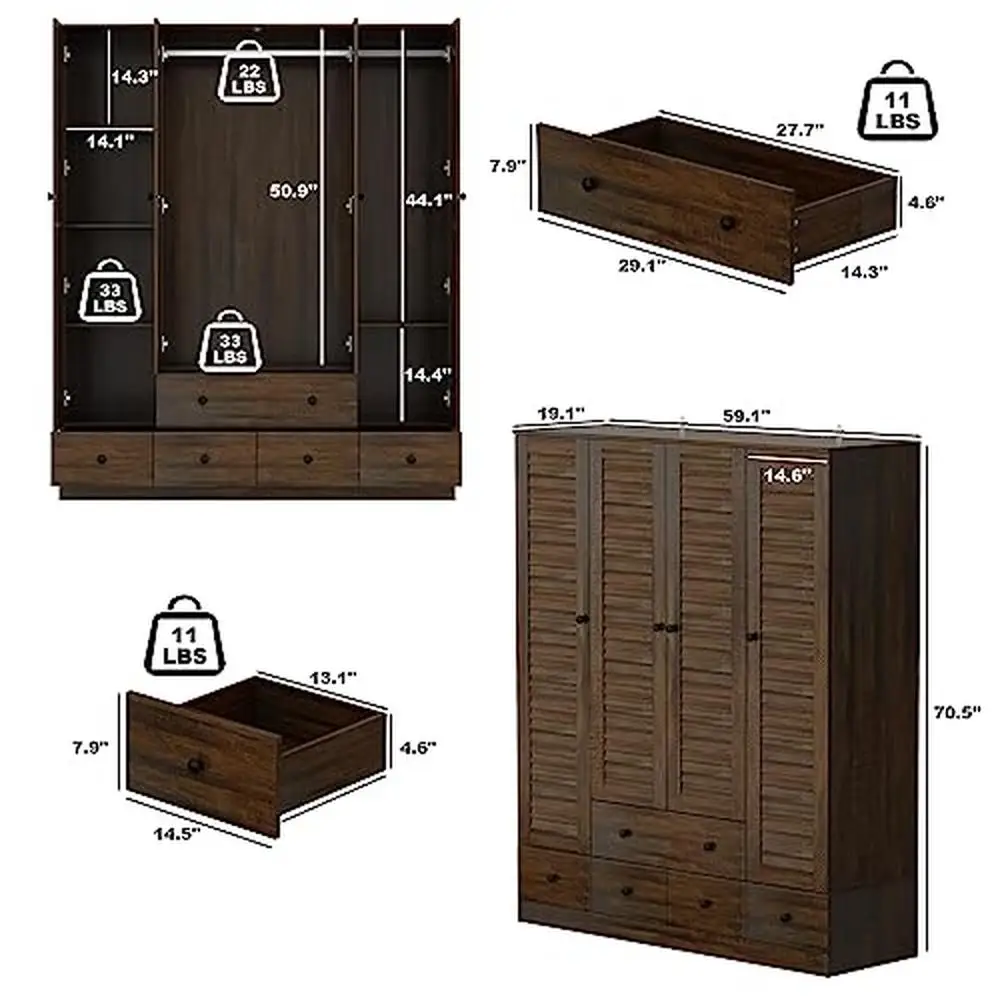 Wardrobe Cabinet with Louvered Doors Hanging Clothes Storage 5 Drawers Sturdy Modern Design Easy Assembly Ample Space Bedroom