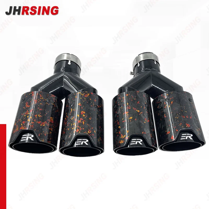 1Pcs Universal Exhaust tip Real carbon fiber Red Foil Gold car accessories Double Outlet Black Stainless Muffler nozzles ER LOGO