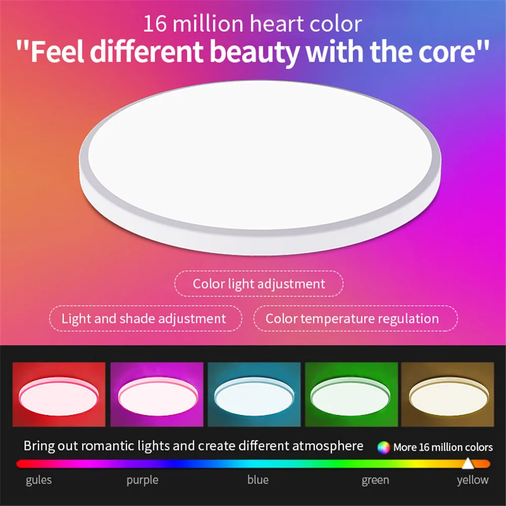 RGB Full-color LED Ceiling Light Remote Control, Modern Circular Bedroom, Living Room, Color Adjustment, Dimming Ceiling Light