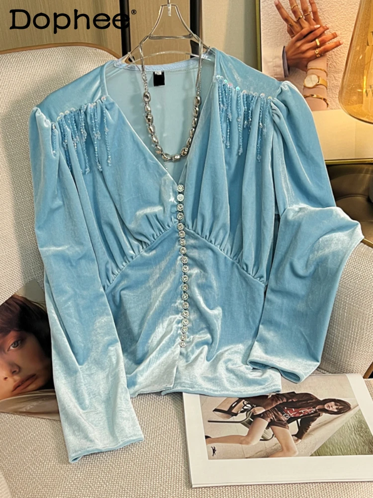 

Korean Style Long Sleeve V-neck Rhinestone Buckle Solid Color Blouse Women Fall Winter Heavy Industry Beads Tassel Velvet Shirt