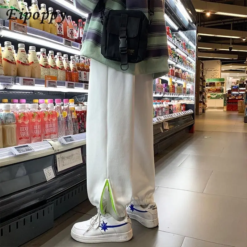 سراويل رياضية غير رسمية نسائية بسحاب ، سراويل برباط للكاحل ، طراز كوري ، سراويل حريمي فضفاضة ، متطابقة بالكامل