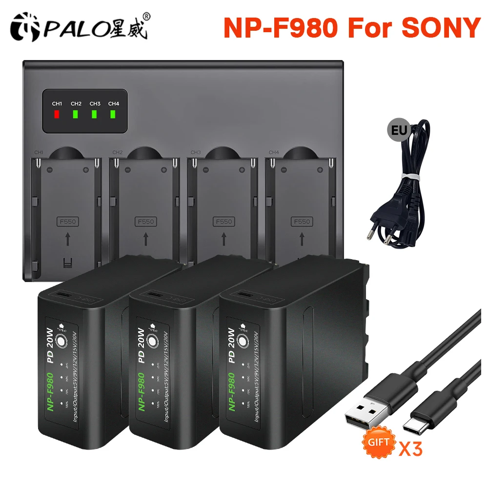 

NP-F980 F960 F970 NPF980 Battery PD20W Fast Charging Port+4 Slots F970 F980 Charger for Sony CCD-TRV35 TRV940 CCD-RV100 CCD-RV20