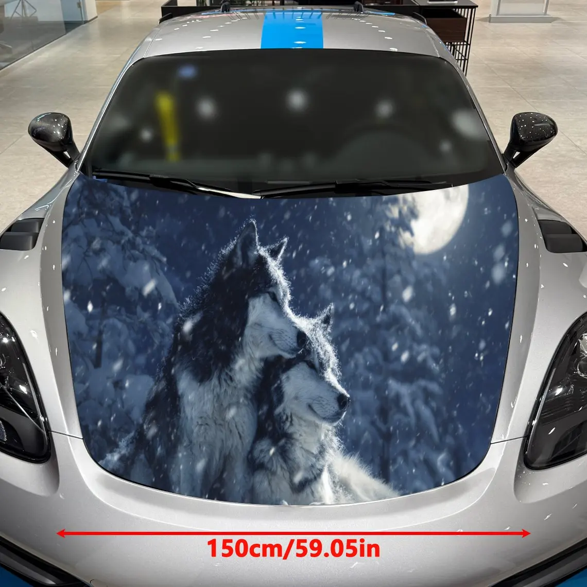 Snowflake Forest Night Wolf Pair Bold Style Charm PVC Car Hood Wraps, Self-Adhesive Waterproof Car Bonnet Decal Sticker, Car Dec