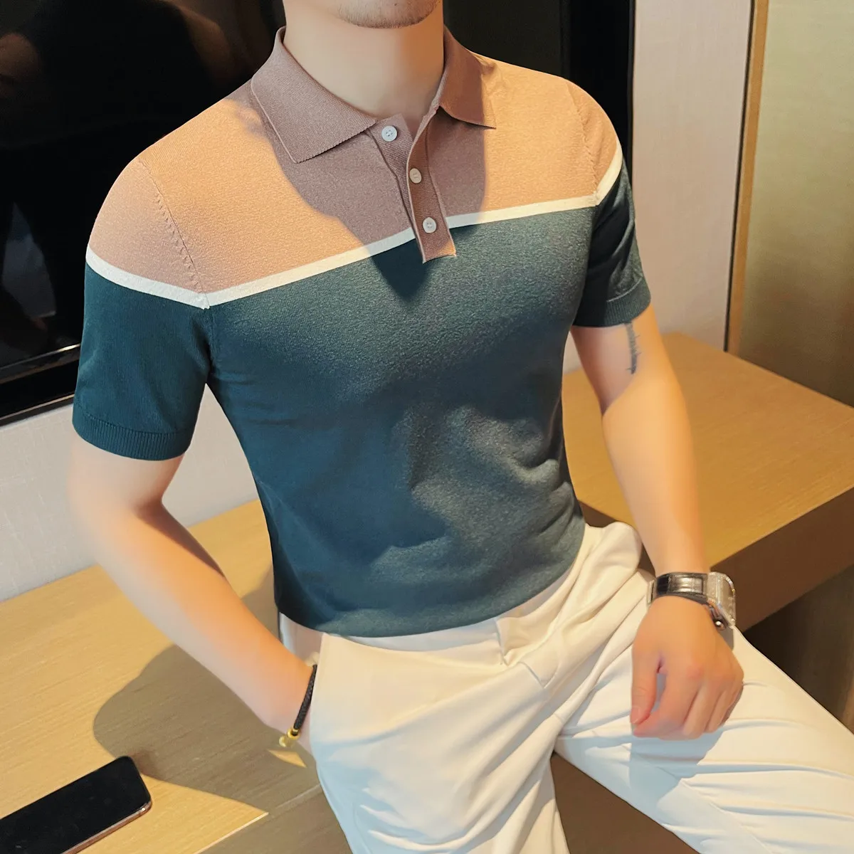 

Summer Short Sleeved Knitted Polo Shirts Men Breathable Ice Silk T-shirt Korean Version Splicing Casual Business POLO T-Shirt