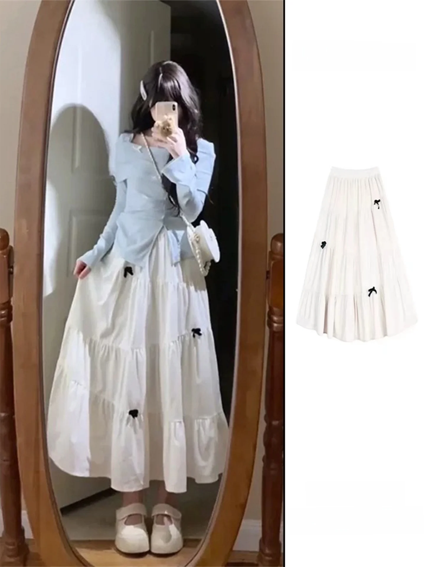 

White Bowknot A-Line Midi Skirt Women Spring Summer New Gentle Design Cake Skirt High Waist Elastic Fabric Commute Style