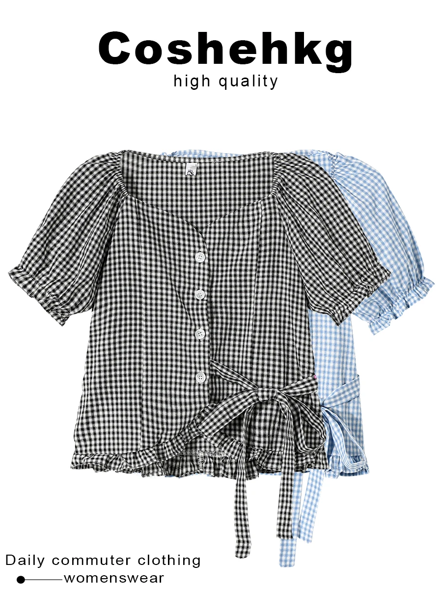 

Coshehkg Color Block Plaid Unique Wood Ear Short Sleeve Women's Shirt Summer Belted Waist Top Ladylike Commute Style Bubble S...