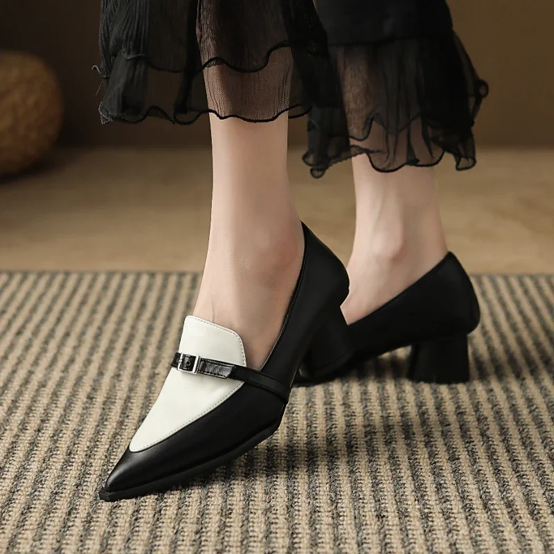 Spring and Autumn Sexy Fashion Color Block High Heels New Elegant and Comfortable Thick Heel Pointed Toe Women's Shoes