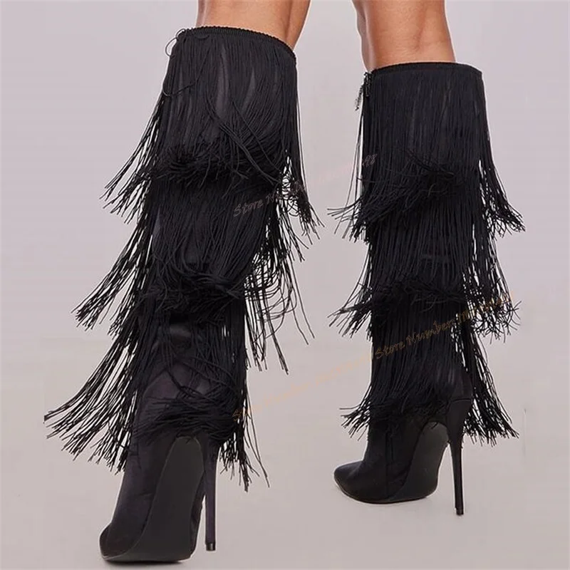 

Black Tassel Knee High Boots Pointed Toe Shoes for Women Thin High Heels Sexy Autumn And Winter Shoes 2023 Zapatos Para Mujere