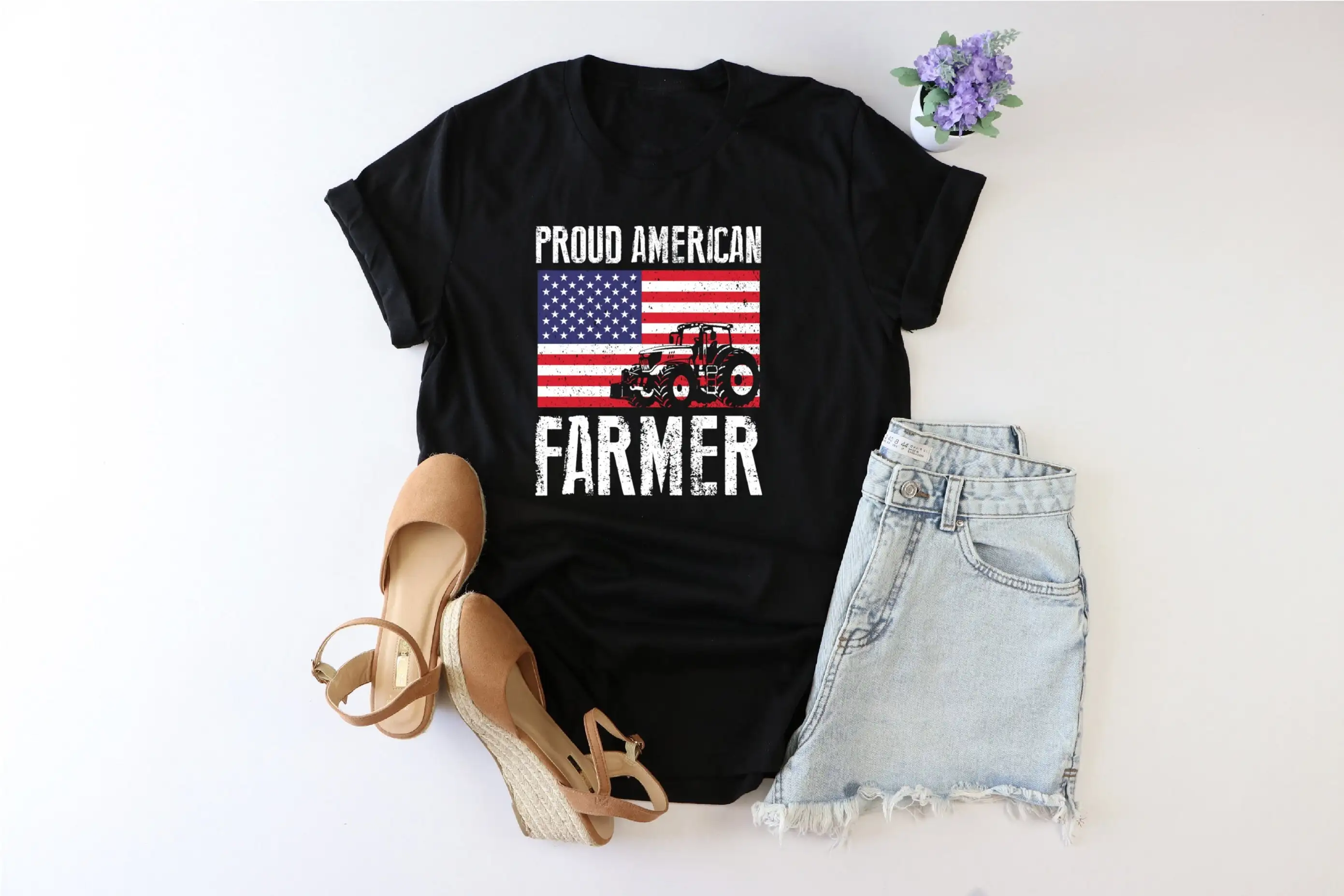 Proud American Farmer T Shirt Trucker Patriotic HarvesT Farming Tractor Agriculture