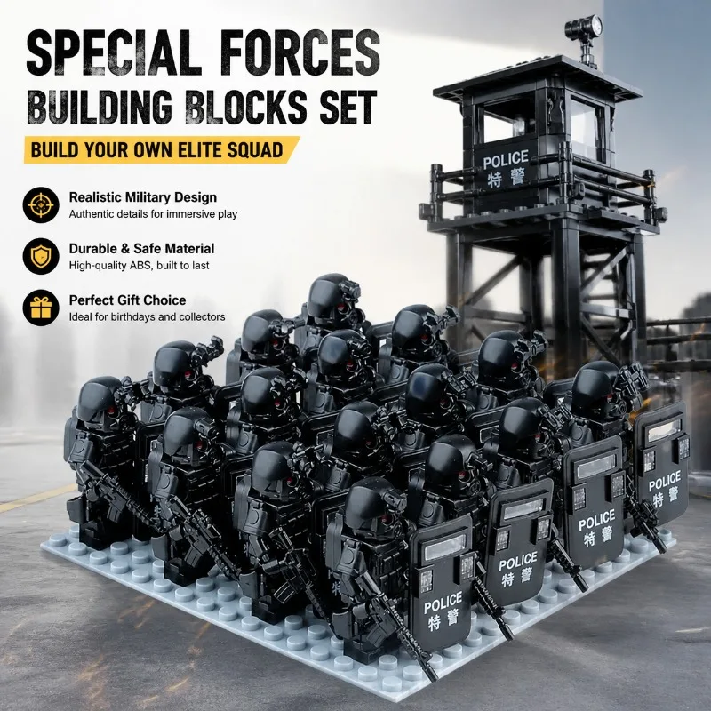 

Special forces military building blocks riot police mini humanoid doll sentry tower scene toy humanoid doll birthday gift anime