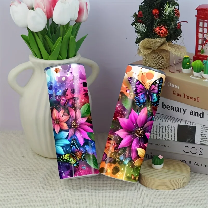 1pc 20oz Straight Cup Stainless Steel Insulated Mug Flower Shadow Colorful: Colorful Pattern Fashionable Portable Travel Cup, Cold Preservation Cup, Internal Double Layer Vacuum Design, Leak-proof,  Suitable for Hot and Cold Drinks,