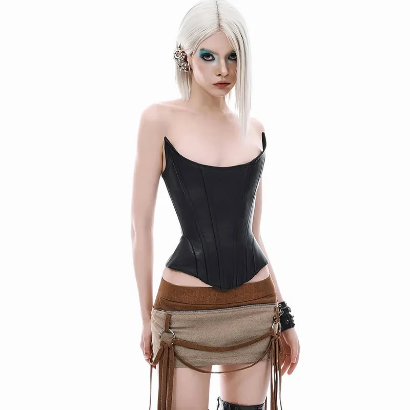 Damskie seksowne asymetryczne topy bez ramiączek z ekoskóry, modne gorsety z sznurowaniem na plecach, obcisłe kamizelki Y2K, odzież uliczna, odzież klubowa
