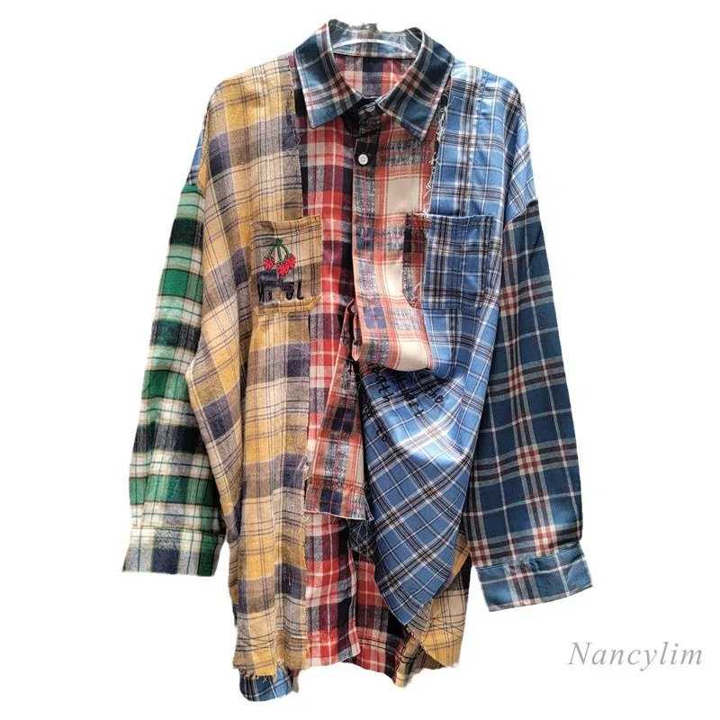 Retro Loose Casual Plaid Shirt Women\'s 2024 Autumn Splicing Contrasting Color Design Hot Girl Top Long Sleeve Street Blouse