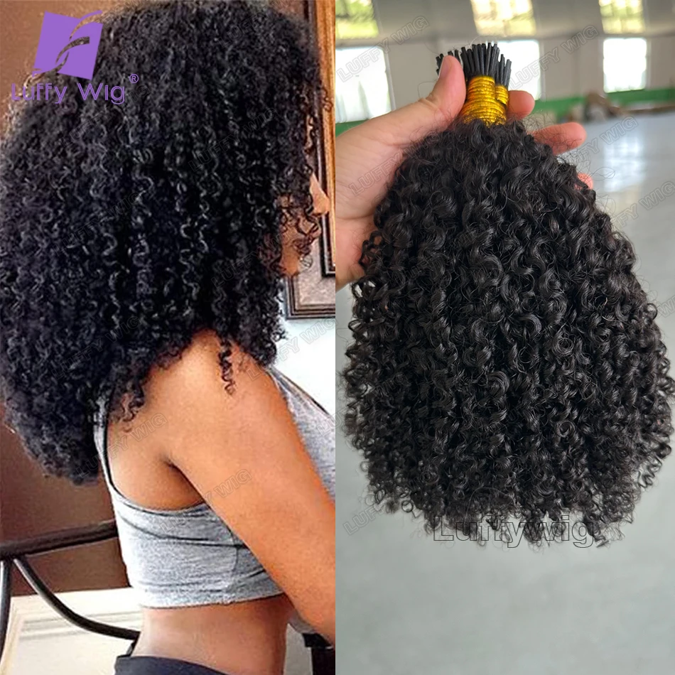 Afro kinky encaracolado eu ponta extensões de cabelo microlink extensões de cabelo humano duplo desenhado completo grosso termina eu ponta extensões de cabelo luffy