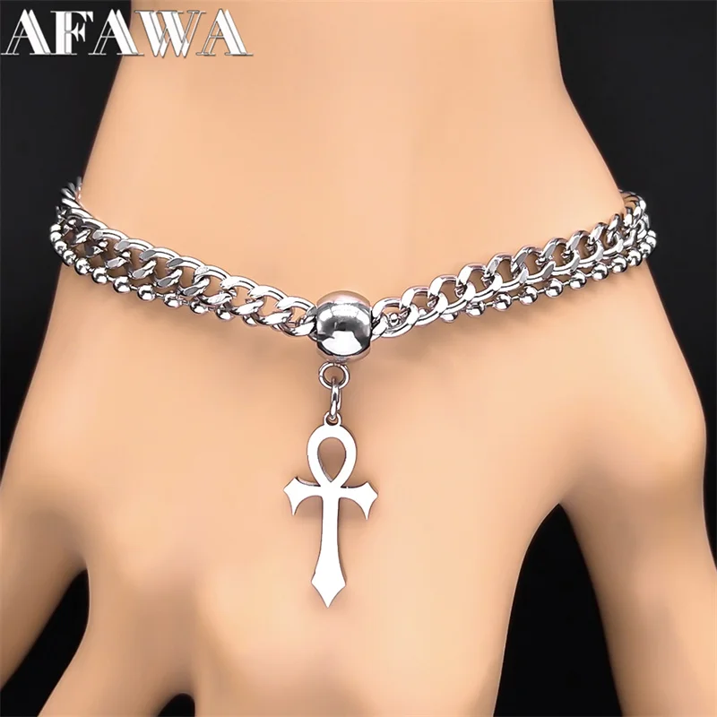 Egyptian Ankh Cross Key of Life Bracelet for Women Men Stainless Steel Silver Color 2 Layers Chain Bracelet Jewelry Gift B1731S2