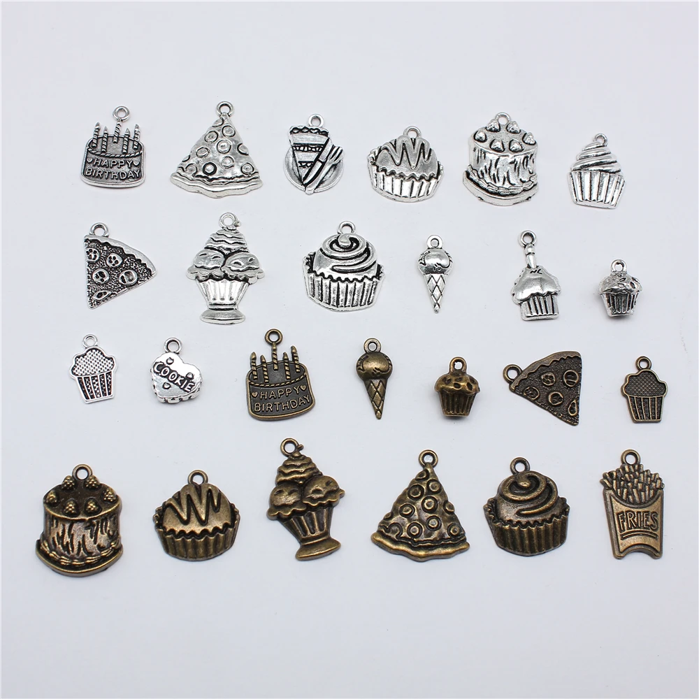10 sztuk tort urodzinowy ciasteczka frytki Cupcake Charms DIY rzemiosło dokonywanie ustaleń ręcznie robiona biżuteria tybetańska