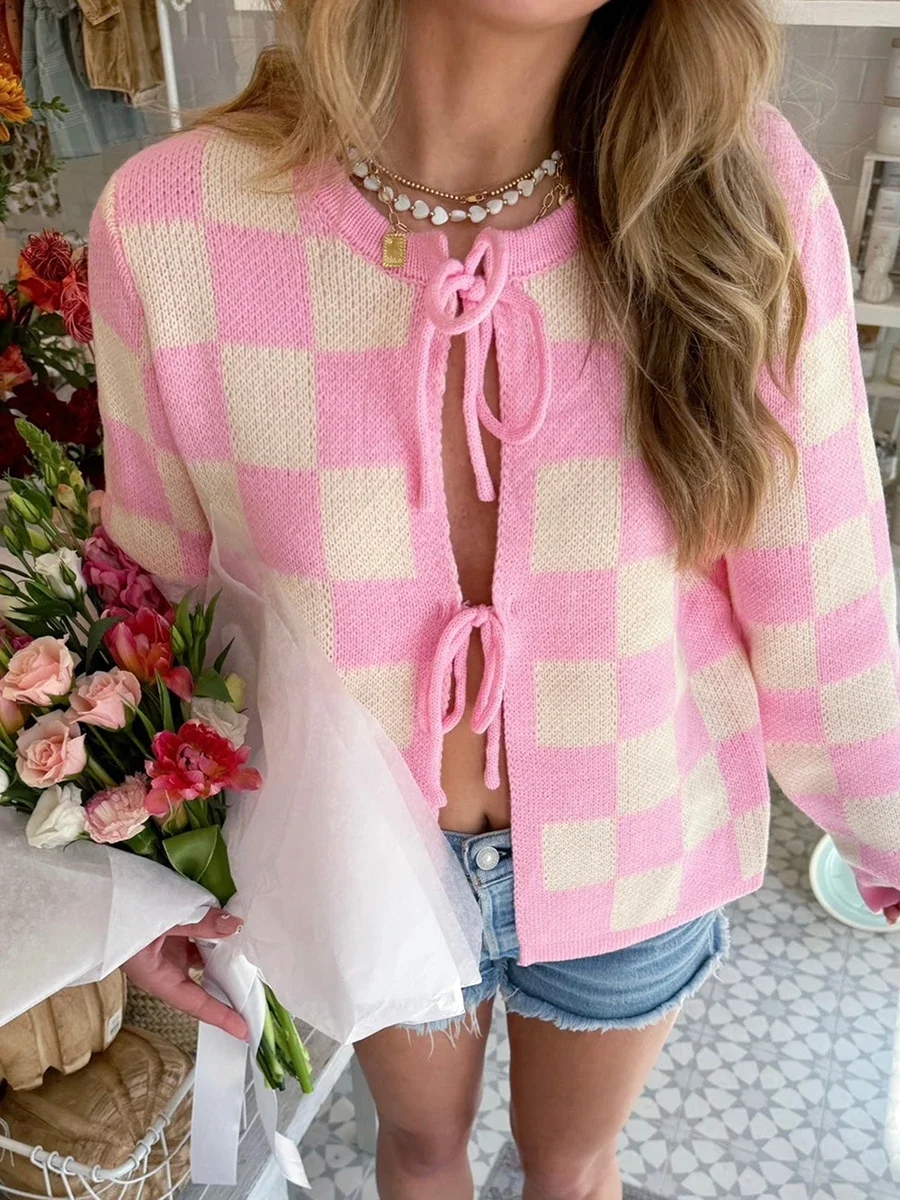 Pink Women Cardigan Korean Sweet Plaid Long Sleeve Female Sweaters Harajuku New O Neck Preppy Style Ladies Tops S-XL