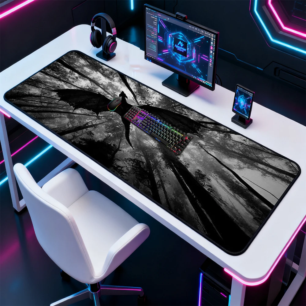 Gothic Dragon Desk Pad Large XXL Gaming Table Mat Black Forest Silhouette Monochrome Mat 1200x600 XXXL Table Mat Pad Computer