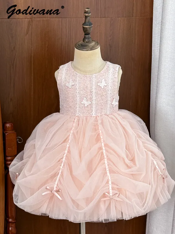 

Baby Girls Sweet Pink Princess Dress Summer New 2026 Kids Sleeveless Mesh Patchwork Fashion Butterfly Fairy Tutu Cake Dress Gown