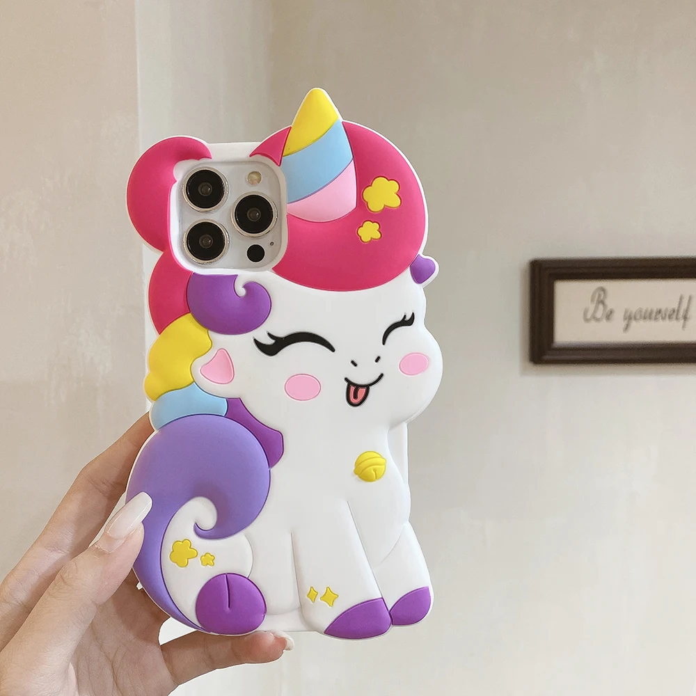 Cute 3D Cartoon Rainbow Unicorn Horse Case For iPhone 11 12 13 14 15 Pro Max Soft Silicone Cover Phone Cases