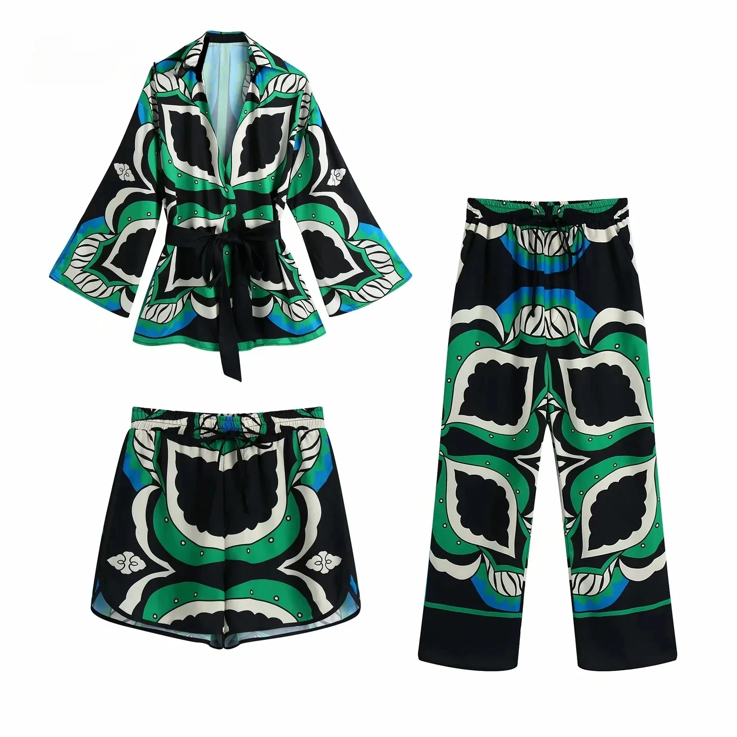 Foridol Oversized Green Print Boho Women Shorts Sets Shirts Shorts Pants Three Pieces Fashion Suits Matching Sets 2024 Summer