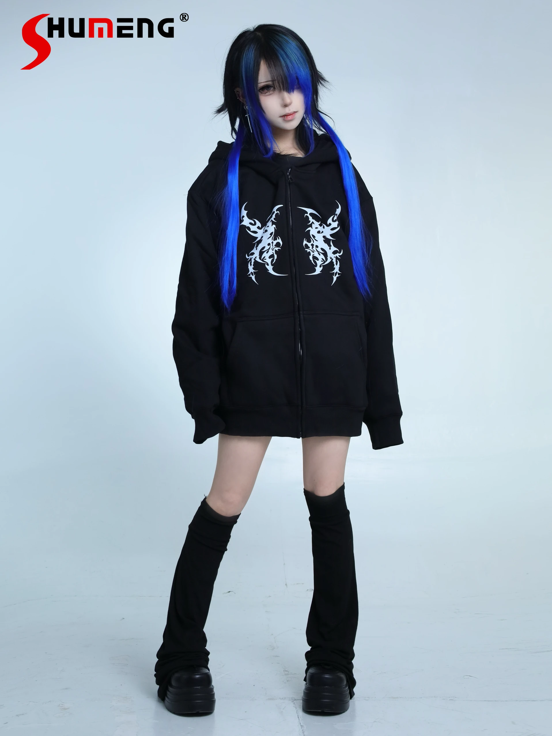 Japanese Mine Style Subculture Dark Punk Goth Print Loose Zip Up Hoodie Fleeced Casual Oversized Sweatshirts Jacket Women Winter