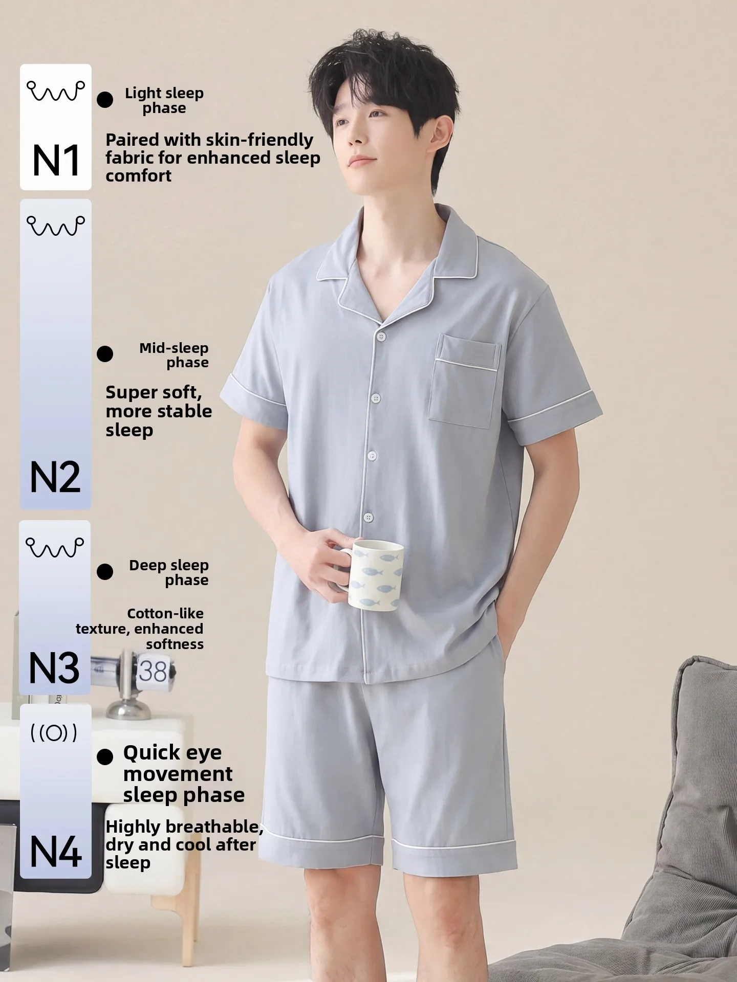 Plandoo Pure Cotton Sleepwear Set Short Sleeve Shorts Men's Summer Autumn New Style Open Cardigan Casual Wearable at Home