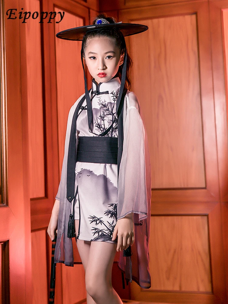 ชุดกี่เพ้าสูทสไตล์จีนพิมพ์ลายหมึกเครื่องแต่งกายแฟชั่นประจำชาติสำหรับเด็กผู้ชายและเด็กผู้หญิง