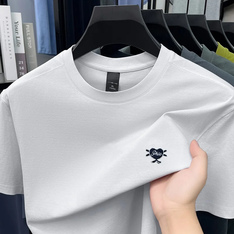 

High quality heart-shaped embroidered short sleeve T-shirt men fashion brand summer new comfort breathable casual round neck top