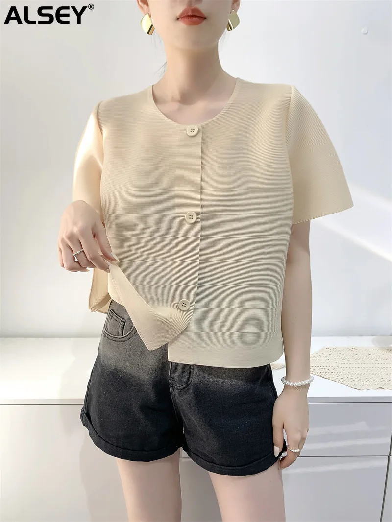 

ALSEY Miyake Pleated Solid Color Top Short T-shirt for Women's Summer New Single-Breasted Comfort Casual Cardigan Tops