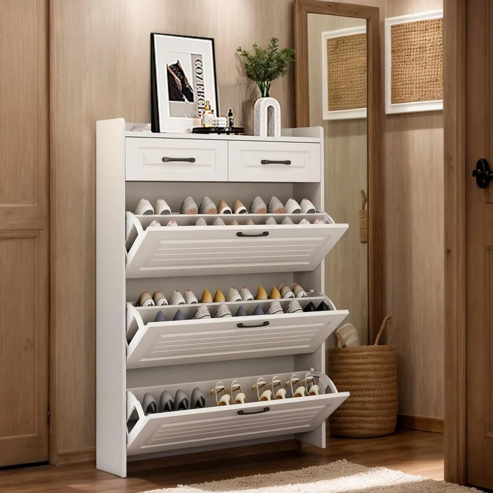 Multi Functional Narrow flip Shoe Cabinet with 3 Doors 2 Drawers, accommodate Various Shoes, Suitable for Entryway and corridors