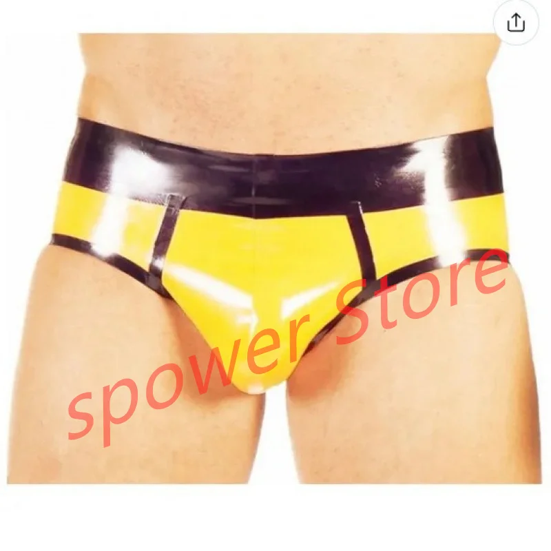 

Latex Briefs Sexy Fetish Rubber Shorts Thong Yellow with Black Lingerie Underwear Handmade Cosplay Costume for Men
